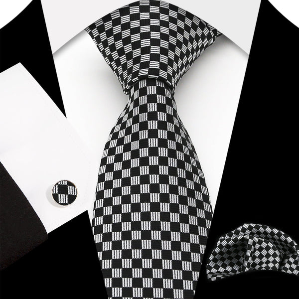 Tieforever Black White Houndstooth Tie Silk Plaid Tie Hanky Cufflinks Set For Men