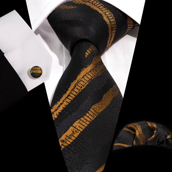 Tieforever Black Gold Striped Silk Tie Hanky Cufflinks For Men Classic