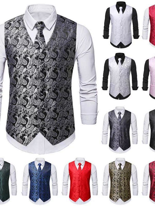 Tieforver Mens Paisley Vest Tie Pocket Square Silk Dress Jacquard Waistcoat Suit Set